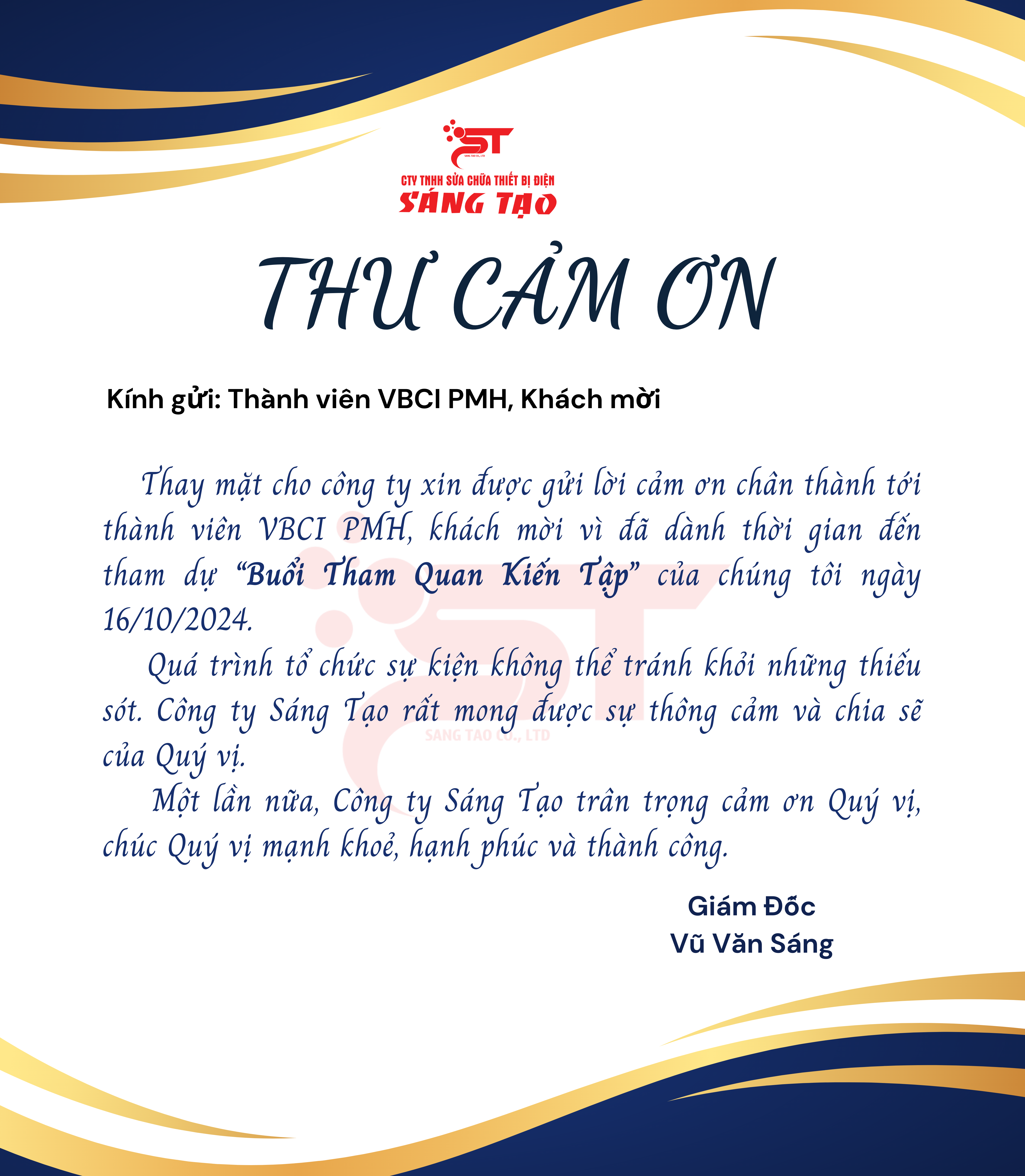 thu cam on cong ty Sang Tao